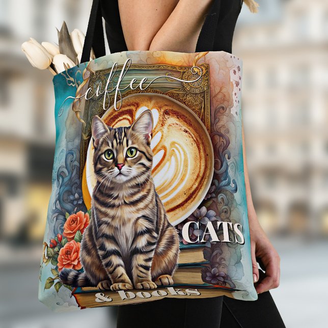 Boho Art Coffee Cats och Bokar Tote Bag Tygkasse (Personalized coffee, cats and books tote bag featuring a colorful bohemian artistic design)