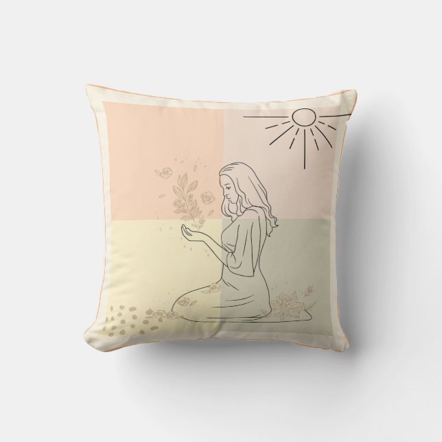 Boho art sytle designsig Girl with Flower Throw Pi Kudde (Framsida)
