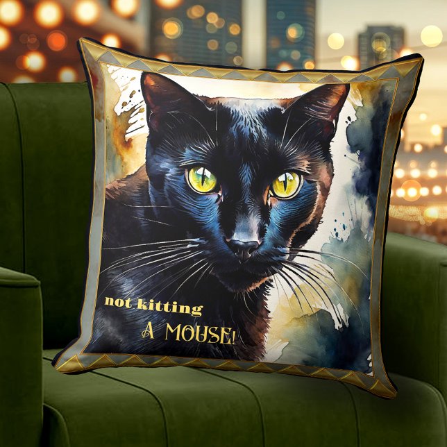 Boho Artistic Lusny Cat Animal Art Kudde (Boho artistic funny cat lovers pillow featuring a watercolor painting of a cute black cat)
