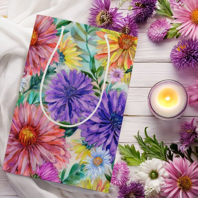 Boho Aster Blommor Blommig (Boho Aster Flowers Floral Gift Bag -- Bridal Shower, Birthdays, Weddings, Baby Showers and More)
