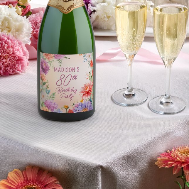 Boho Aster Blommor Blommig 80-årsfest (Boho Aster Flowers Floral 80th Birthday Party Sparkling Wine Label)
