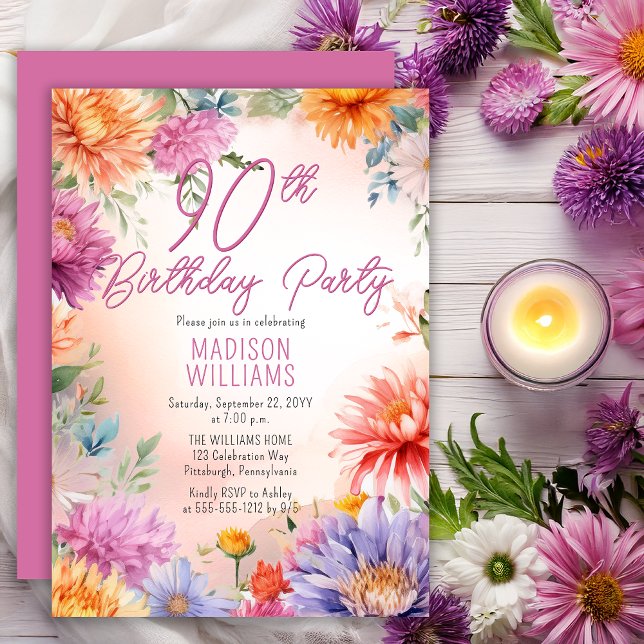 Boho Aster Flowers Blommigt 90:e Födelsedagsfest Inbjudningar (Elegant Boho Aster Flowers Floral 90th Birthday Party Invitation - Print | Digital Download)