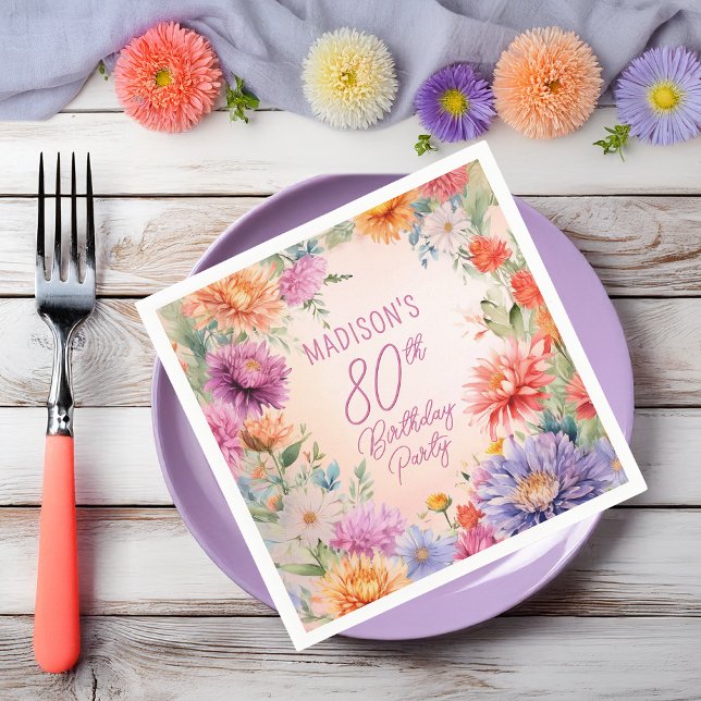 Boho Aster Flowers Floral 80th Birthday Party Pappersservett (Boho Aster Flowers Floral 80th Birthday Party Napkins)