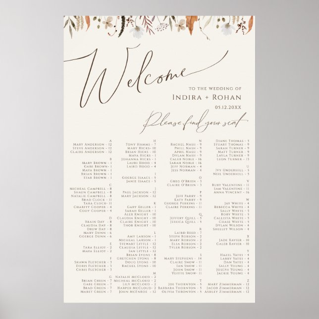 Boho Autumn Beige Alfabetical Seating Chart Poster (Framsidan)