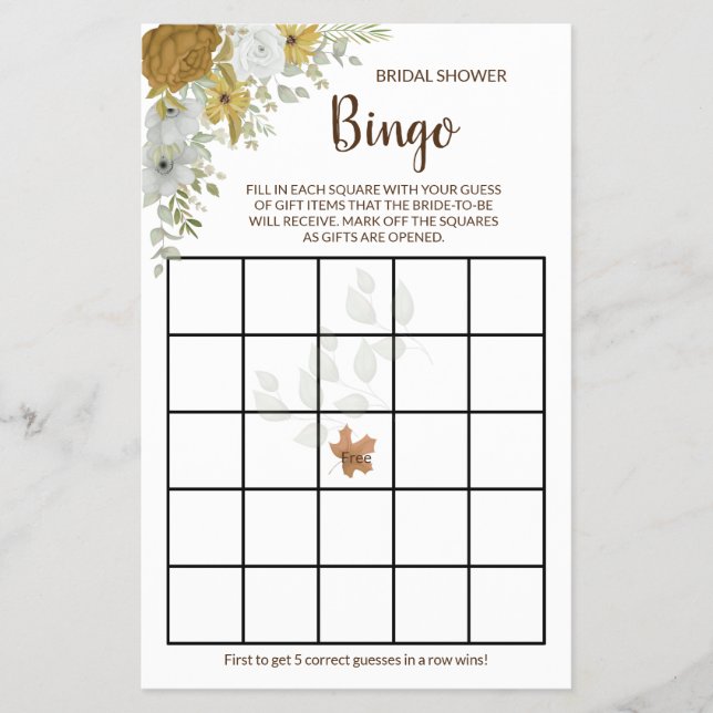 Boho Autumn Blommigt Möhippa Bingo Game Card F Flygblad (Framsidan)
