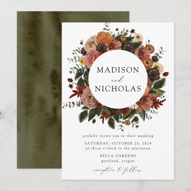 Boho Autumn Blommigt Ram Bröllop Inbjudningar (Fram/baksida)