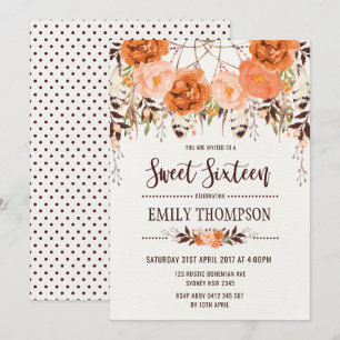 Boho Autumn Blommigt Sweet sixteen Dreamcatcher Ca Inbjudningar
