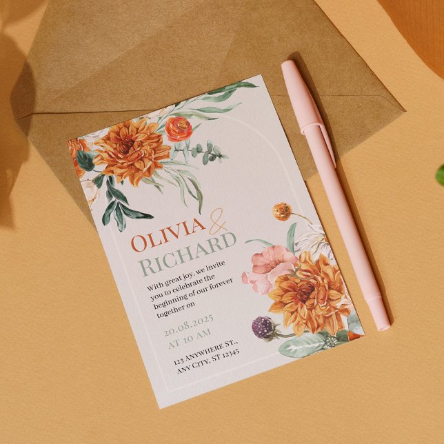 Boho Autumn Blommigt Watercolor bröllopsinbjudan Inbjudningar (Skapare uppladdad)