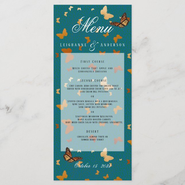 Boho Autumn Bröllop koppar och Teal Butterfly Meny (Framsida)