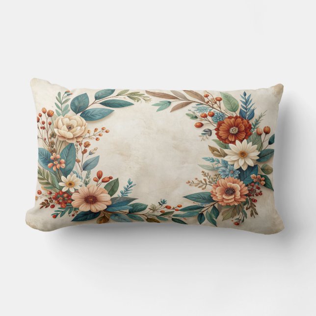 Boho Autumn Floral Wreath Pillow - Teal Leaves Cor Lumbarkudde (Framsida)