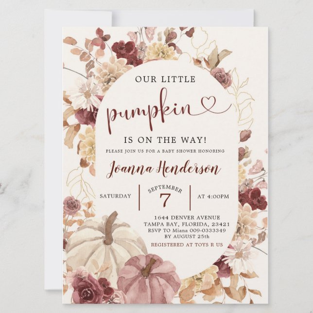 Boho Autumn Pumpkin Blommigt Baby Shower-inbjudan Inbjudningar (Framsida)