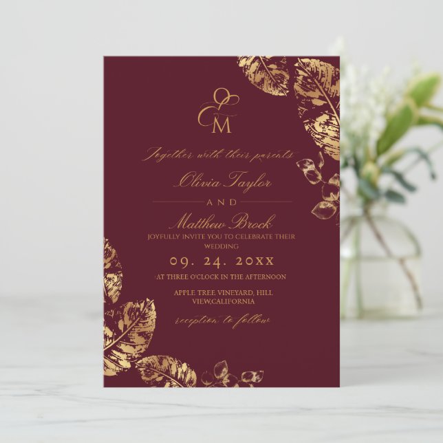Boho Autumn | Rustic Burgundy & Guld Bröllop Inbjudningar (Stående Fram)