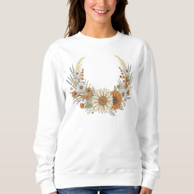Boho Autumn Sunflower & Daisy Wreath with Pampas  T Shirt (Framsida)