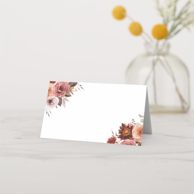 Boho Autumn Watercolor Blommigt Bouquet Bröllop Placeringskort (Framsida)