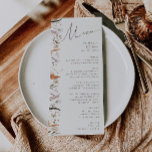 Boho Autumn Wildblomma | Beige Bröllop Dinner Menu Meny<br><div class="desc">Vi presenterar vår fantastiska boho-höstblomma | Beige bröllop-middagsmenyn, som innehåller en enkel och modern design som återspeglar naturens skönhet. Med pressade vattenfärgsblommor och terracotta löv fångas kärnan av oktober månads brända orange, och man skapar en minimalistisk men klassisk design som utstrålar värme och charm. Utformningen har en liten elegans som...</div>