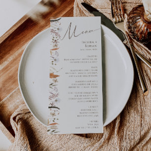 Boho Autumn Wildblomma   Beige Bröllop Dinner Menu Meny
