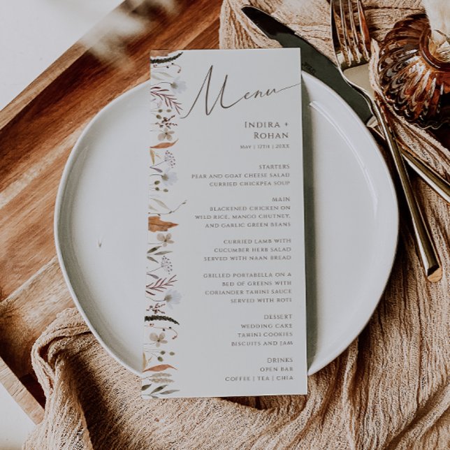 Boho Autumn Wildblomma | Beige Bröllop Dinner Menu Meny (Skapare uppladdad)