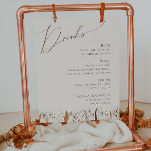 Boho Autumn Wildblomma   Beige Bröllop Drinks Menu Poster