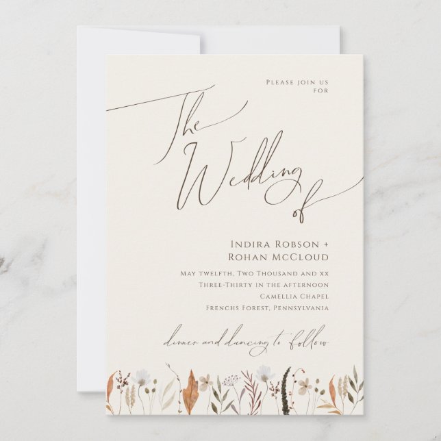 Boho Autumn Wildblomma | Beige Bröllop i Inbjudningar (Framsida)