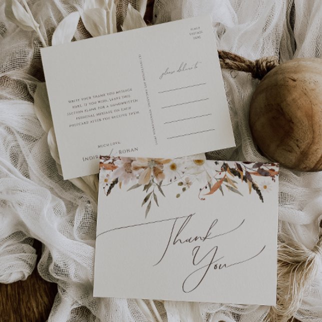 Boho Autumn Wildblomma | Beige Bröllop Tack Vykort (Skapare uppladdad)