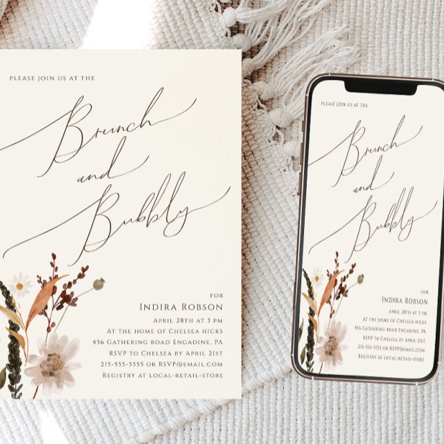 Boho Autumn Wildblomma | Beige Brunch och Bubly Inbjudningar (Skapare uppladdad)
