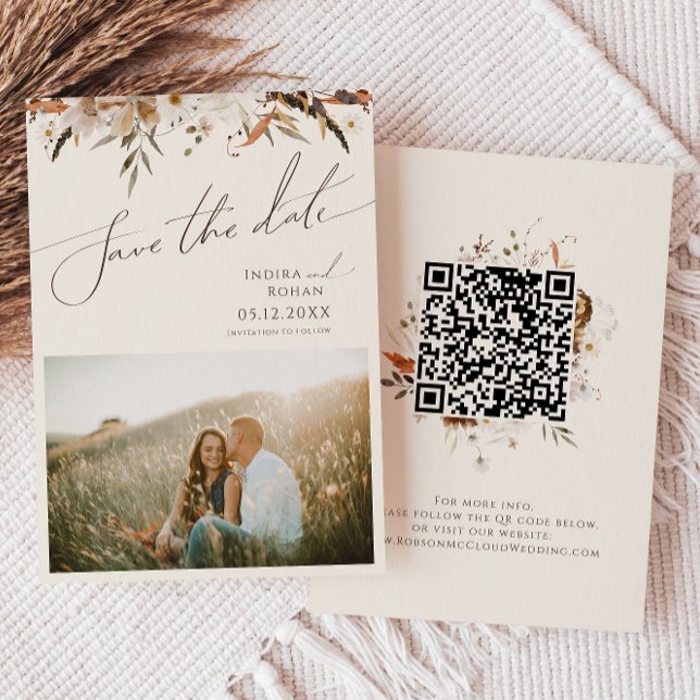 Boho Autumn Wildblomma | Beige Photo QR-kod Spara Datumet (Skapare uppladdad)