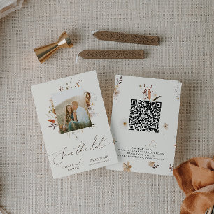 Boho Autumn Wildblomma   Beige Photo Ram QR-kod Spara Datumet
