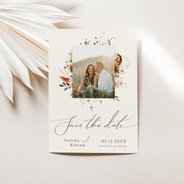 Boho Autumn Wildblomma | Beige Photo Ram Spara Datumet (Skapare uppladdad)
