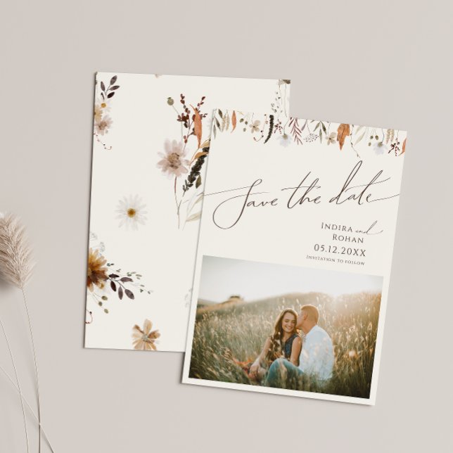 Boho Autumn Wildblomma | Beige Photo Save Date Spara Datumet (Skapare uppladdad)