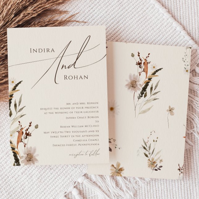 Boho Autumn Wildblomma | Beige Traditional Bröllop Inbjudningar (Skapare uppladdad)
