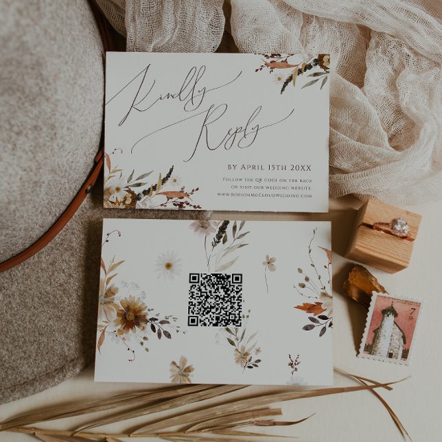 Boho Autumn Wildblomma | Beige Vågrät QR-kod OSA Kort (Skapare uppladdad)