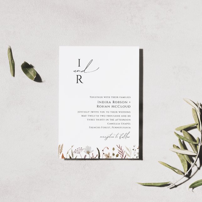 Boho Autumn Wildblomma | Monogram Bröllop Inbjudningar (Skapare uppladdad)