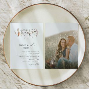 Boho Autumn Wildblomma Monogram Photo Bröllop Inbjudningar