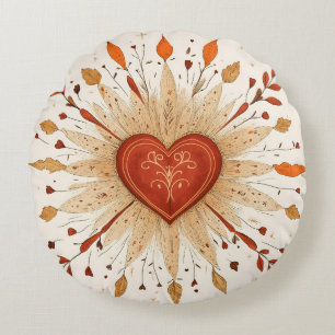 Boho Autumnal Heart Illustration Rund Kudde