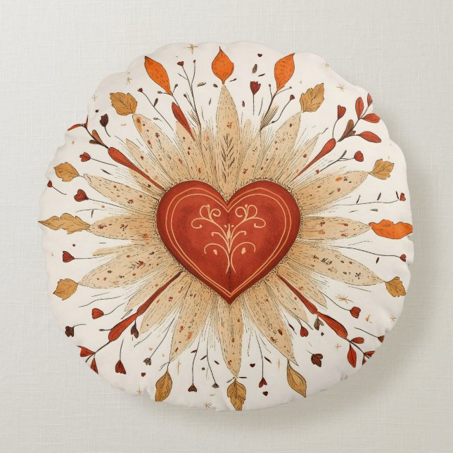 Boho Autumnal Heart Illustration Rund Kudde (Framsidan)