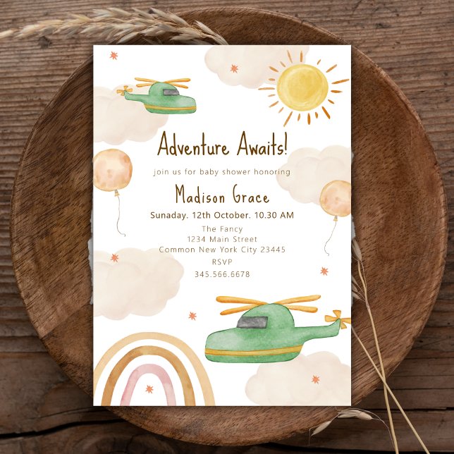 Boho-äventyrshelikopter Flygplans Baby Shower Inbjudningar (Boho Adventure Helicopter Airplane Baby Shower Invitation)
