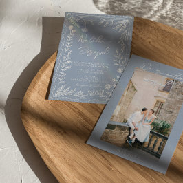 Boho Azure Blue Floral Botanical Photo Fun Wedding Inbjudningar