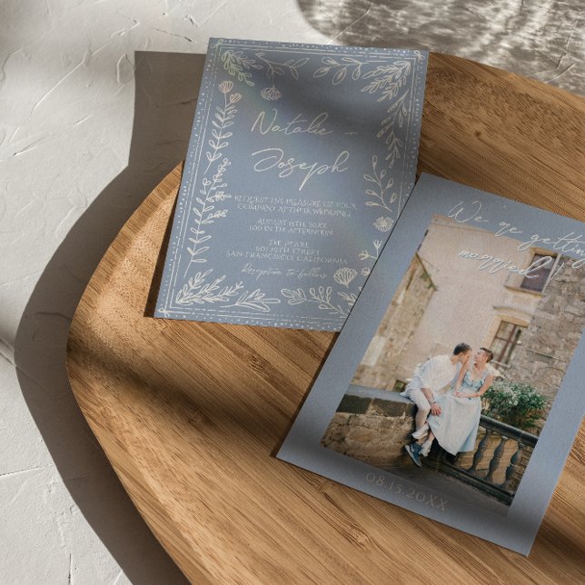 Boho Azure Blue Floral Botanical Photo Fun Wedding Inbjudningar (Skapare uppladdad)