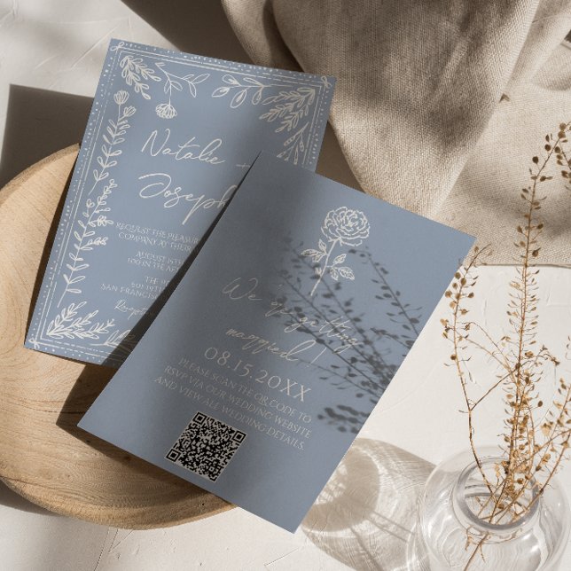 Boho Azure Blue Floral Botanical QR Code Wedding Inbjudningar (Skapare uppladdad)