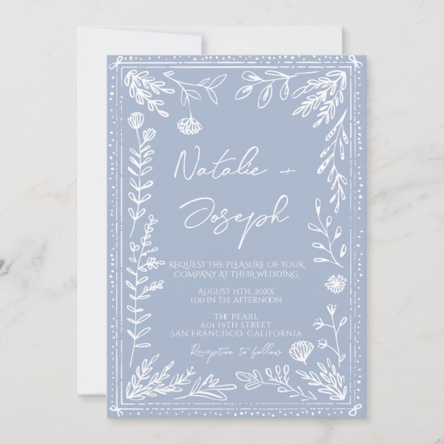 Boho Azure Blue Floral Botanical QR Code Wedding Inbjudningar (Framsida)
