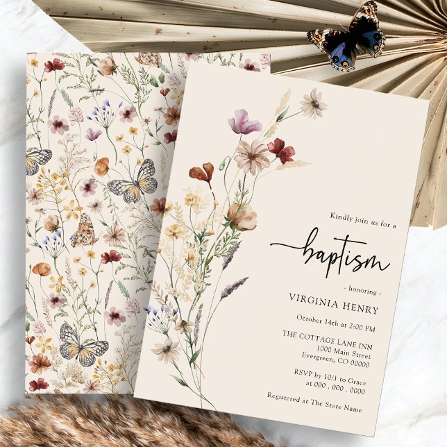 Boho Baby Baptism-inbjudan Inbjudningar (Boho Wildflower Baby Baptism Invitation by Painted Paperie
)