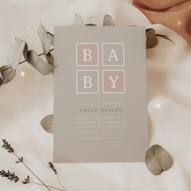 Boho Baby blockerar Dusty Rosa Modern Baby Shower  Inbjudningar (Skapare uppladdad)