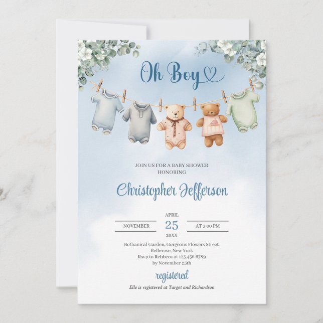 Boho Baby blue kläder Eucalyptus Baby Shower Boy Inbjudningar (Framsida)