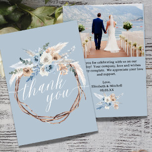 Boho Baby blue Photo Bröllop - tackkort Inbjudningar