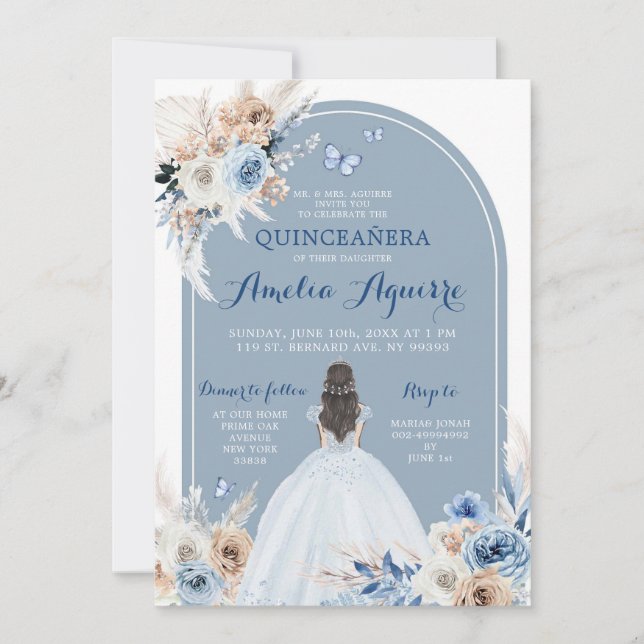 Boho Baby blue Quinceañera-inbjudan Inbjudningar (Framsida)