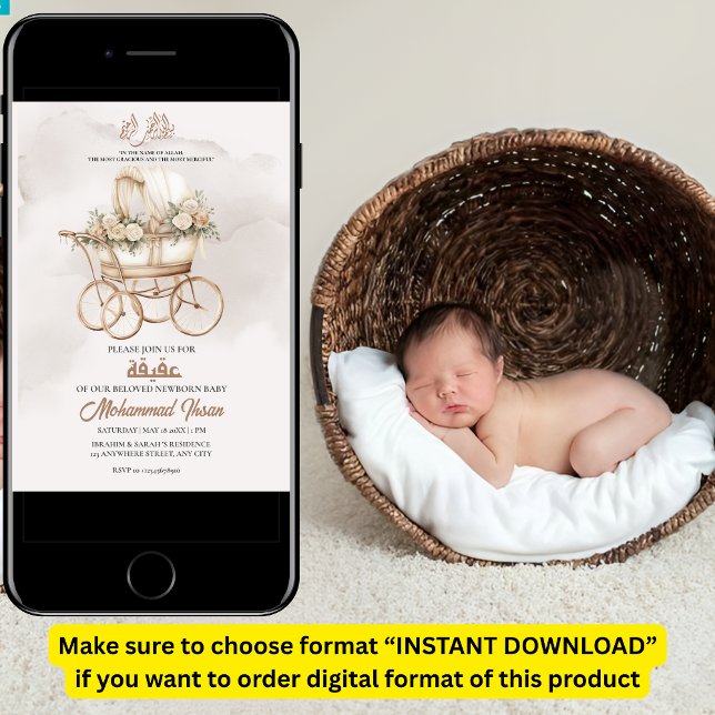 Boho Baby Carriage Aqiqah Unisex Muslim Newborn Inbjudningar (Skapare uppladdad)