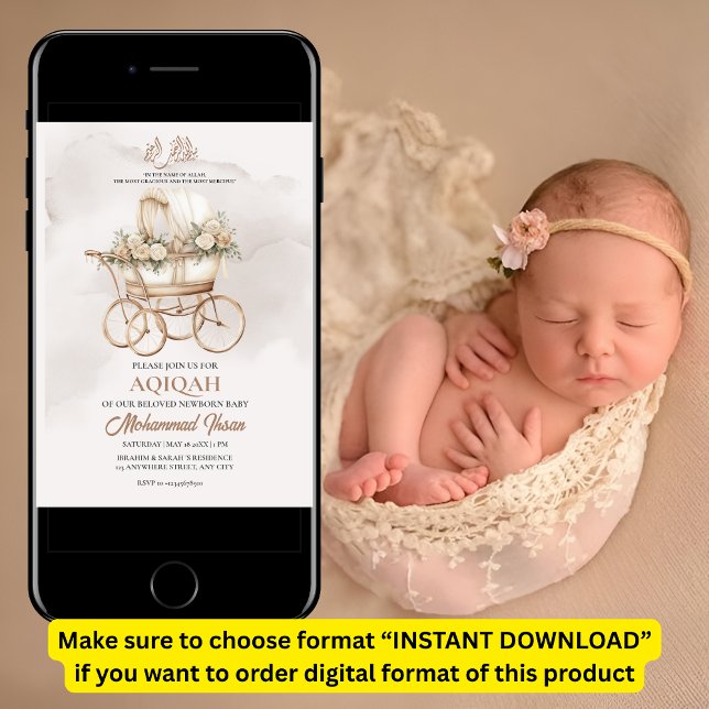 Boho Baby Carriage Aqiqah Unisex Muslim Newborn Inbjudningar (Skapare uppladdad)