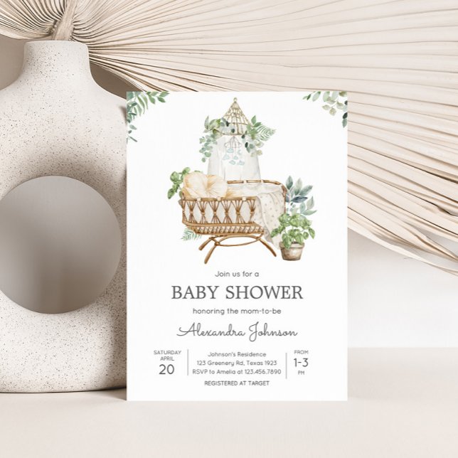 Boho Baby Crib Baby Shower Inbjudningar (Boho Baby Crib Eucalyptus Baby Shower Invitation)