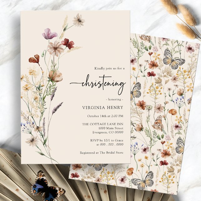 Boho Baby Dopinbjudan Inbjudningar (Boho Watercolor Floral Baby Christening Invitation by Painted Paperie
)