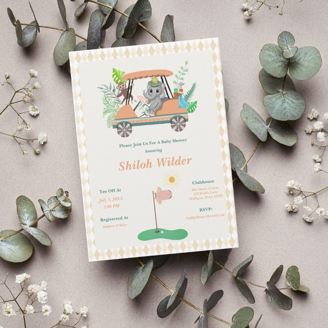 Boho Baby Elefant & Apa Golf Baby Shower Inbjudningar (Skapare uppladdad)